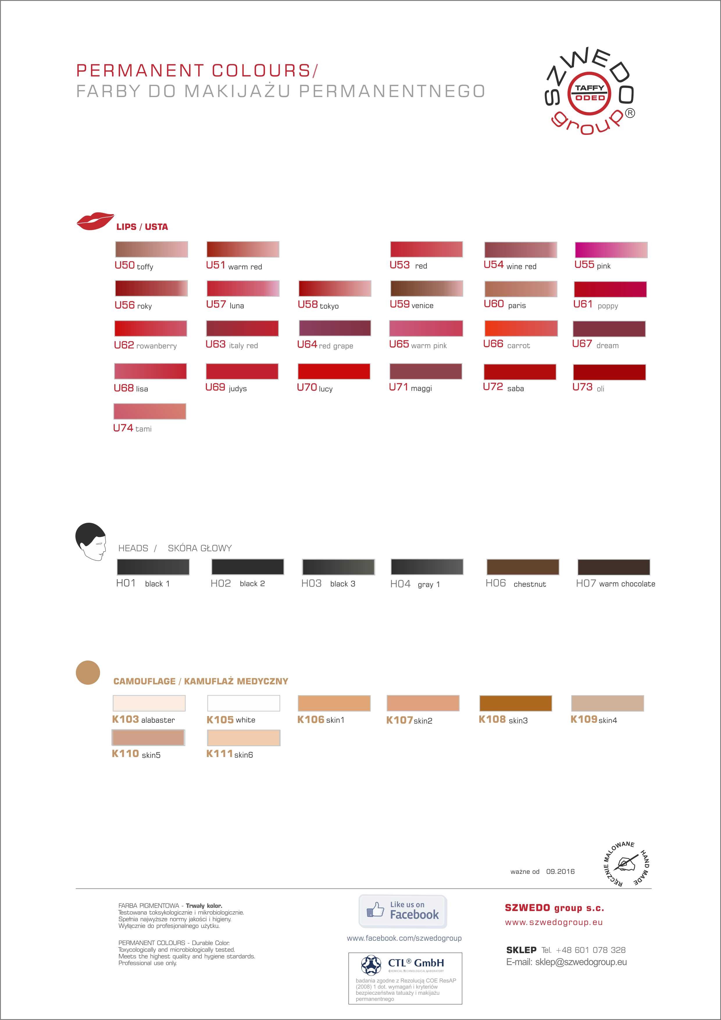 Karta kolorów farb/pigmentów do makijażu permanentnego